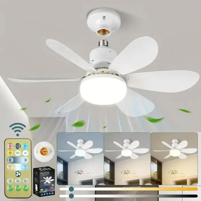 Ventilateur de plafond silencieux 40W avec lampe douille E27 6 pales 3 vitesses idéal pour salon et chambre 52 cm