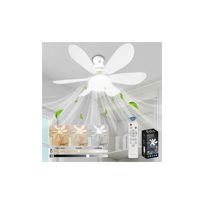 Ventilateur de plafond silencieux 40W - Éclairage LED douille E27 3 vitesses avec minuterie - Salon et chambre - Diamètre 52 cm