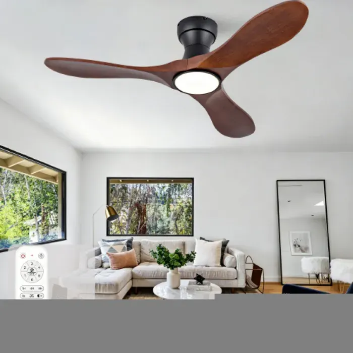 Ventilateur de plafond silencieux 42 pouces 3 pales incurvées bois massif éclairage 3CCT 6 vitesses pilotable par télécommande