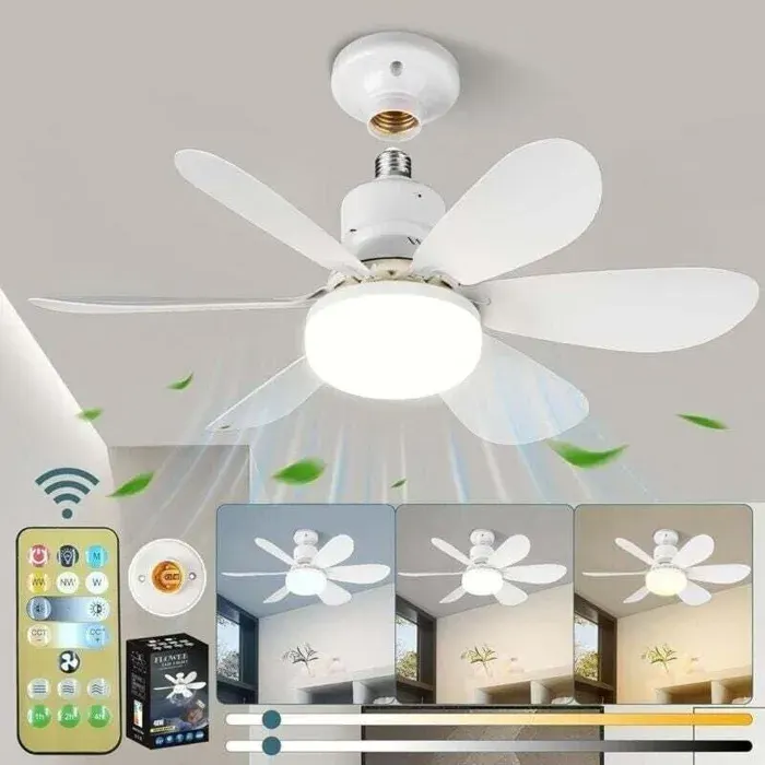 Ventilateur de plafond silencieux 52 cm avec lampe E27 6 pales 40W 3 vitesses - Blanc