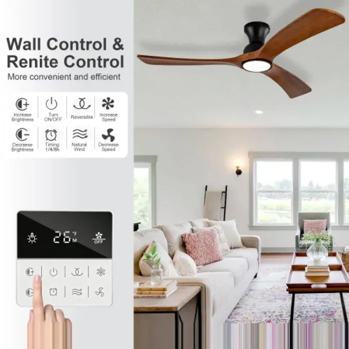 Ventilateur de plafond silencieux 52 pouces en bois massif 3 pales teinte noyer foncé marron livré avec double télécommande