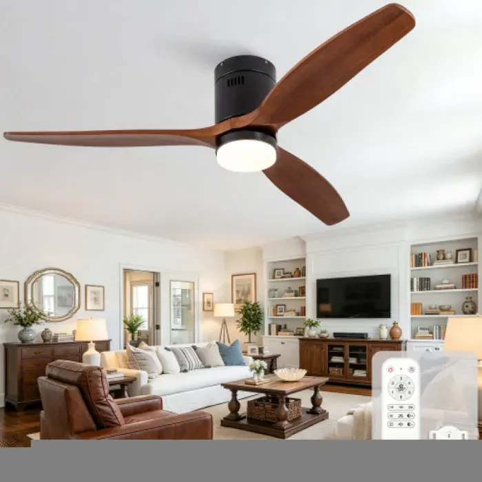 Ventilateur de plafond silencieux 52 pouces tige droite bois massif 3 pales bois massif éclairage 3CCT dimmable réversible