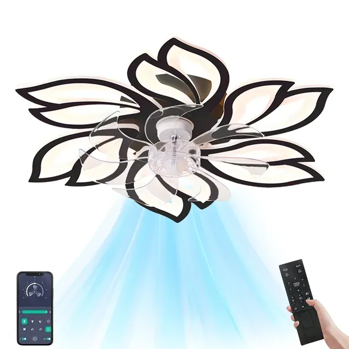 Ventilateur de Plafond Silencieux avec Lumière 65 cm 60 W Design Floral Moderne 6 Vitesses 3 Température de Couleur Réversible