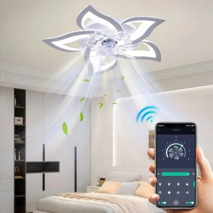 Ventilateur de plafond silencieux avec lumière Dimmable Suspension avec télécommande et APP 6 Vitesse Fan 3 Couleurs 69cm