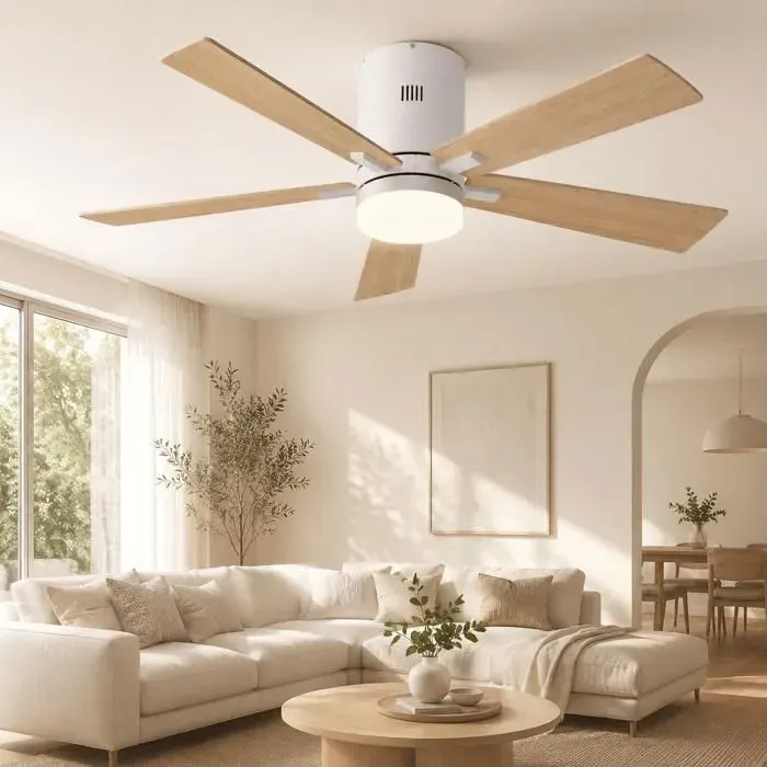 Ventilateur de Plafond Silencieux DC Réversible économe 5 Pales 6 Vitesses Télécommande avec Lumière Mode Été/Hiver Bois Naturel