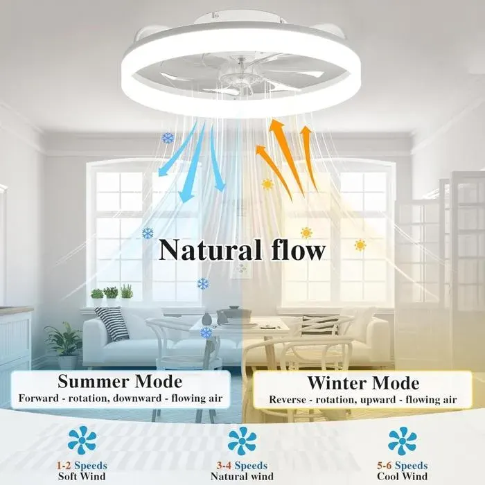 Ventilateur de Plafond Silencieux de 50 cm Ventilateur avec Lumières Télécommande Réversible 6 Vitesses 3 Températures de Couleur