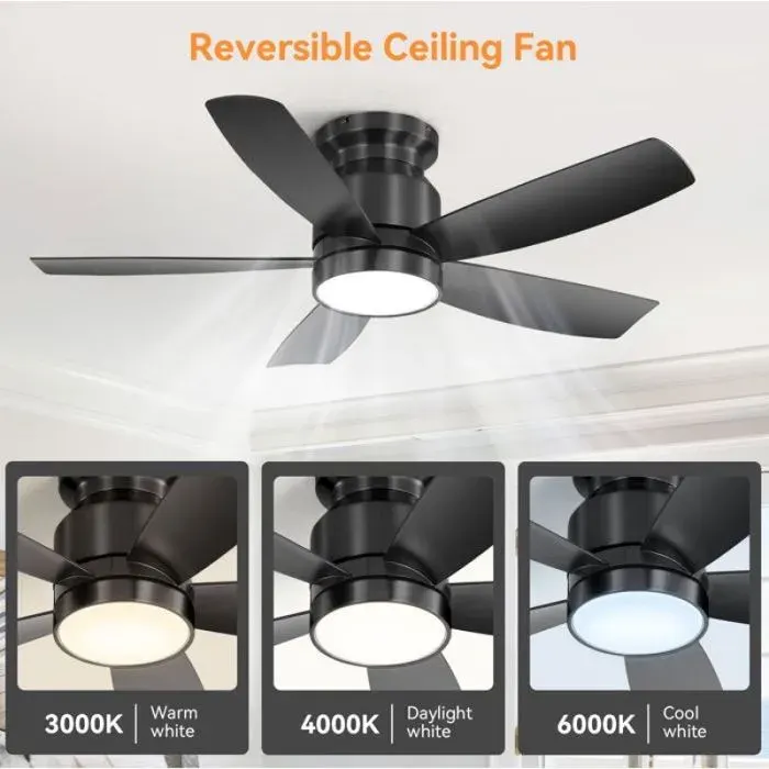 Ventilateur de plafond silencieux LED 18W 106cm à 5 pales plastique ABS noir moteur double sens télécommande fournie