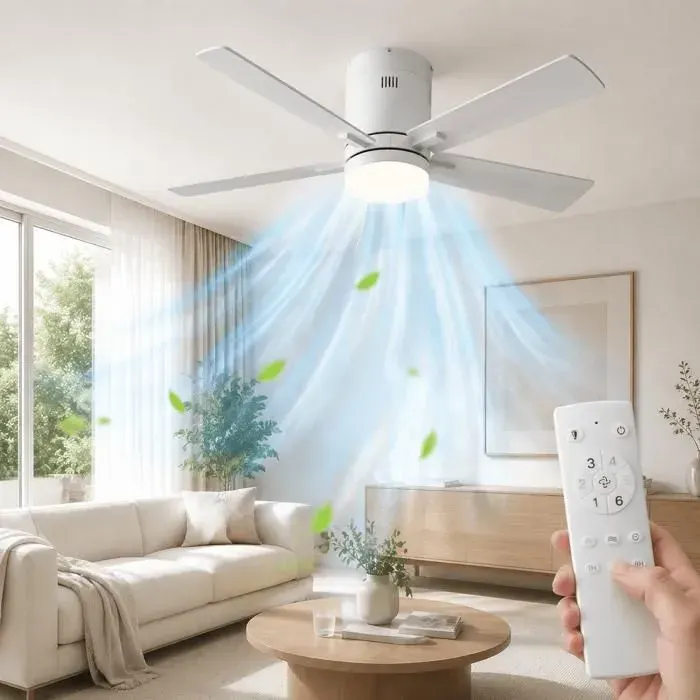 Ventilateur de Plafond Silencieux LED DC Réversible 5 Pales 6 Vitesses Télécommande et Minuterie Mode été/hiver 2‑en‑1 Blanc