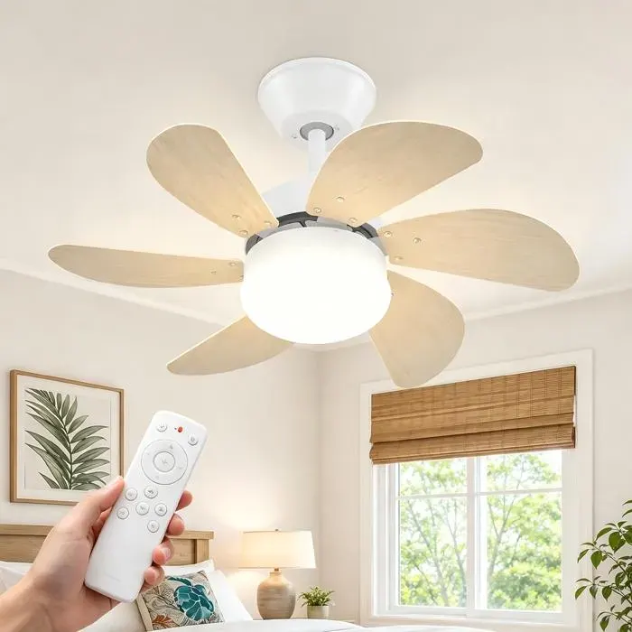 Ventilateur de plafond silencieux NETTLIFE – 6 pales Douille E27 Beige 75 cm télécommande minuterie 20 dB chambre/salon