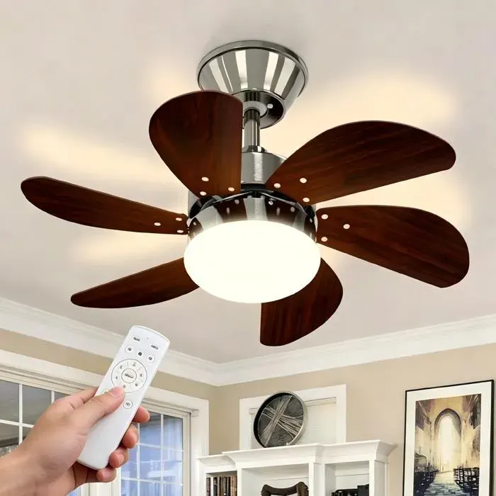 Ventilateur de plafond silencieux NETTLIFE – 6 pales E27 Rétro chrome 20 dB 75 cm télécommande minuterie chambre/salon