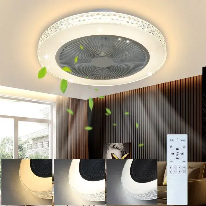 Ventilateur de plafond silencieux NETTLIFE - avec plafonnier LED rond 3000-6500K télécommande minuterie diamètre 485 cm blanc