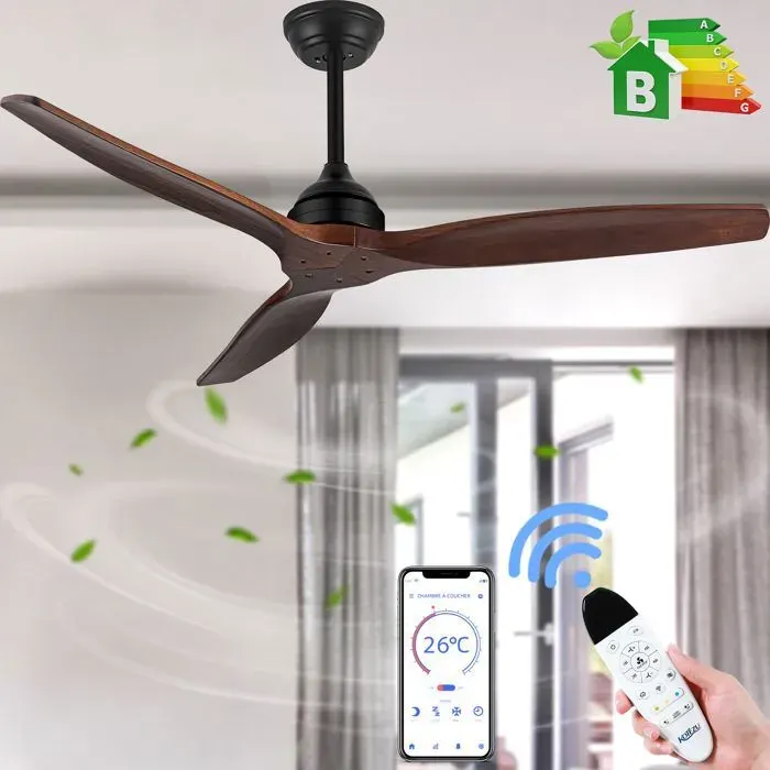 Ventilateur de Plafond Silencieux Réversible avec Télécommande KOTEZU 132 cm Moteur CC avec 3 Pales en Bois Paulownia Naturel 35W