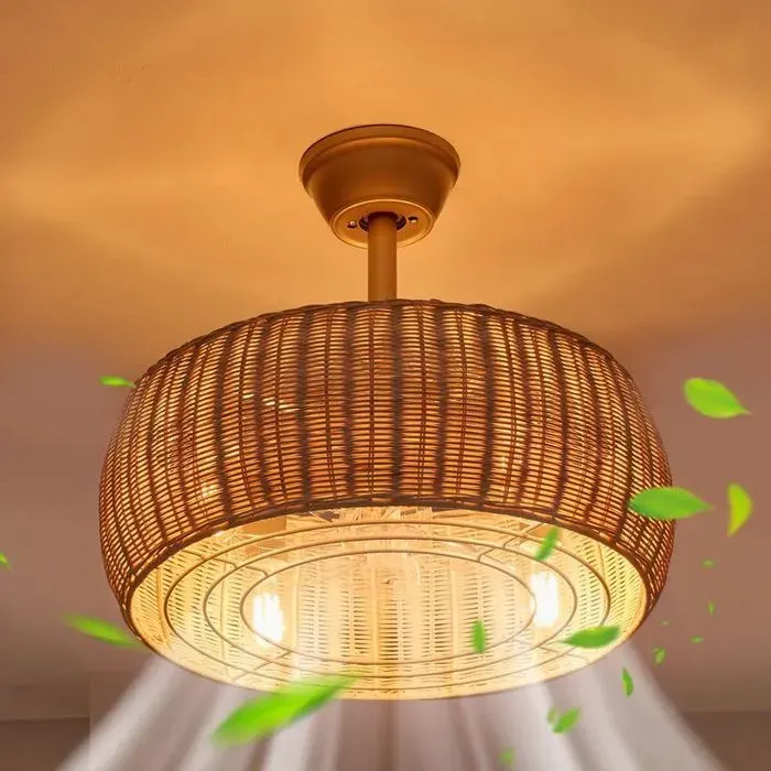 Ventilateur de Plafond Style Bohème avec Cage en Rotin et Lumière Lustre Décoratif 46 cm 4 Douilles E27 Ventilation Réversible