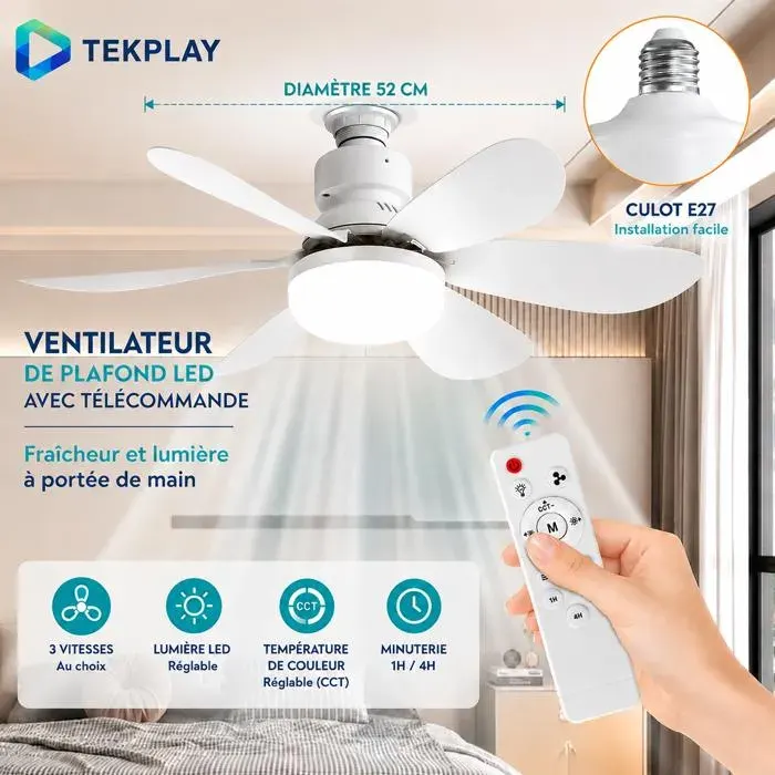 Ventilateur de plafond - TEKPLAY - TEKPLAY - 52 cm - LED E27 - Télécommande 3 vitesses