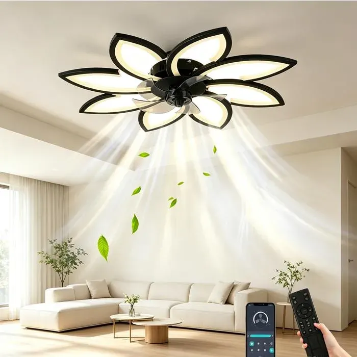 Ventilateur de plafond Ventilateur avec lumière Dimmable Suspension avec télécommande et APP Silencieux 6 Vitesse Fan 3 Couleurs