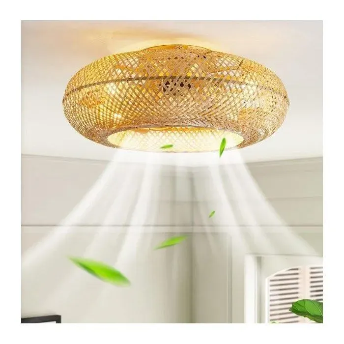 Ventilateur de plafond Ventilateur cage tissé à la main en rotin chambre à coucher -Chaud en hiver et frais été-6 vitesses-50cm