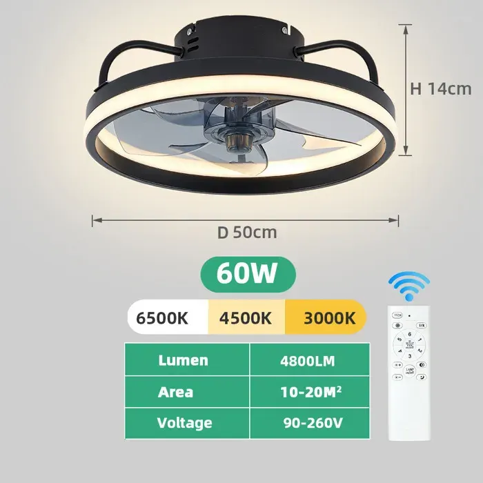 Ventilateur de plafond Ventilateur Plafonnier LED 50cm Silencieux Ventilateur avec Lumière 3 Couleurs Dimmable 6 Vitesses--noir