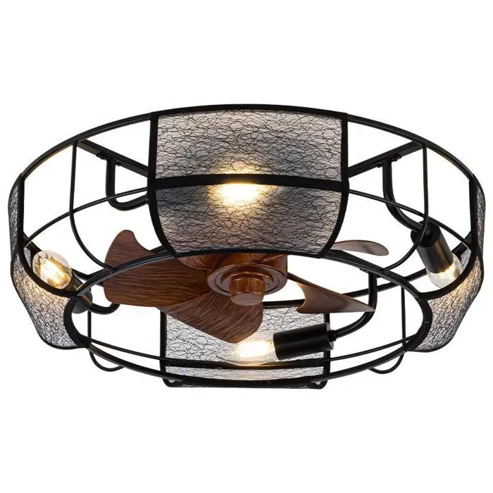 Ventilateur de Plafond Vintage Noir avec Lumière LED Télécommande 6 Vitesses Mode Réversible Silencieux Style Industriel