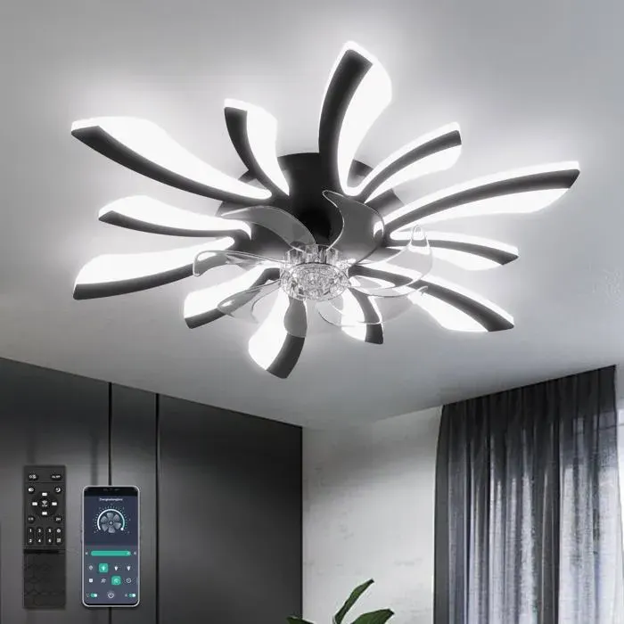Ventilateur de plafond - YUNLONG - 78 cm - Noir - Moteur DC 6 vitesses - Lumière LED dimmable - Télécommande