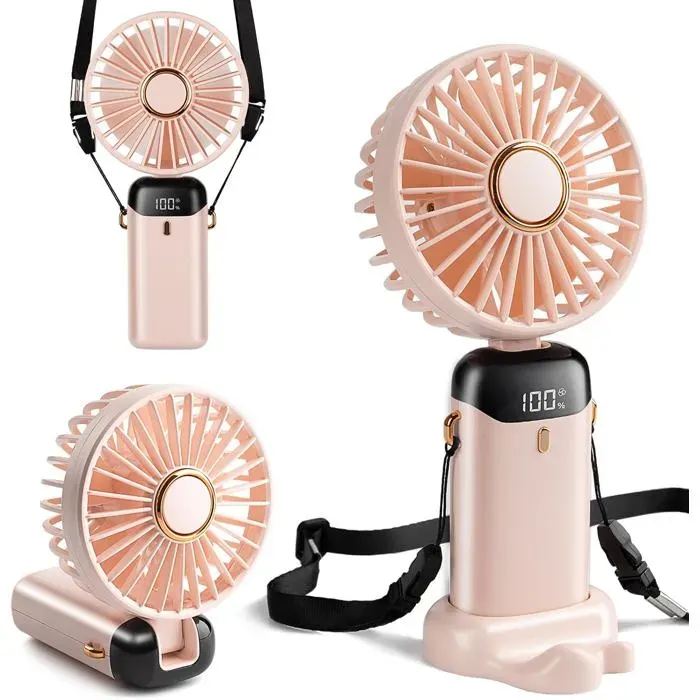 Ventilateur de Poche Mini Rechargeable par Type-C Affichage Numérique Pliable à 90°Ventilateur 3 en 1 Main/Cou/Bureau (Rose)