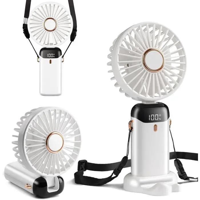 Ventilateur de Poche Mini Rechargeable par Type-C Affichage Numérique Pliable à 90°Ventilateur 3 en 1 Main/Cou/Bureau (Blanc)