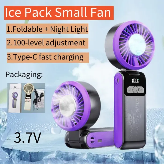 Ventilateur de refroidissement pliable à main avec poche à glace 3.7V Multifonctionnel 100 vitesses de vent Ventilateur port[VV101]