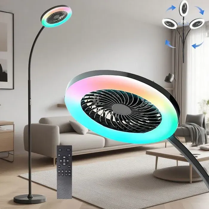 Ventilateur de sol avec lumière et Télécommande 183cm Luminaire à ventilateur Salon 3 Vitesses/Col de cygne flexible - Noir