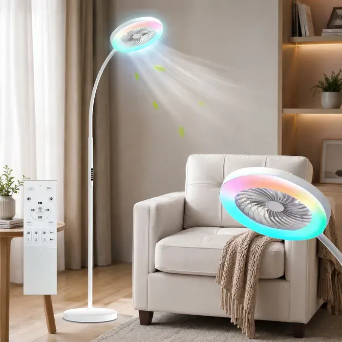 Ventilateur de sol avec lumière et Télécommande 183cm Luminaire à ventilateur Salon 3 Vitesses/Col de cygne flexible - Blanc