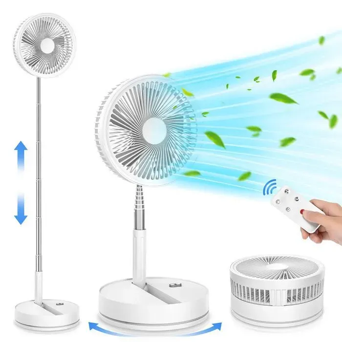 Ventilateur de sol portable silencieux de 9 pouces avec télécommande 4 vitesses de vent 8000 mAh chargement USB pliable (Blanc)