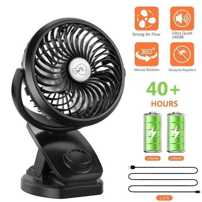 Ventilateur de Table à Clip - Mini - USB - Noir - Silencieux - 5000 mAh — coloris Noire
