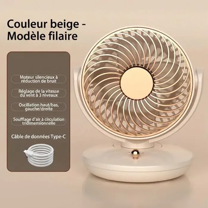Ventilateur de table circulaire USB filaire silencieux 3 vitesses pivot 120° horizontal 140° vertical moteur magnétique à réduction
