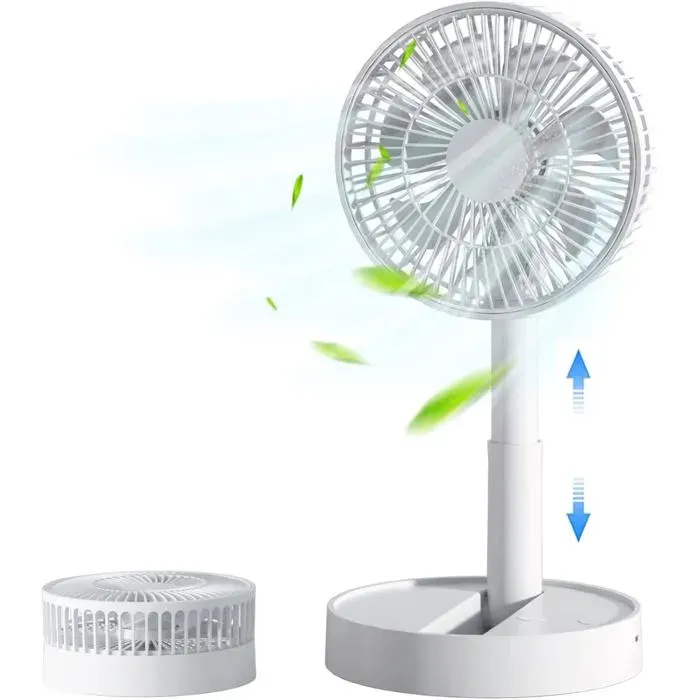 Ventilateur de table pliable et sur pied 3600 mAh 4 vitesses USB rechargeable pour maison bureau et voyage blanc