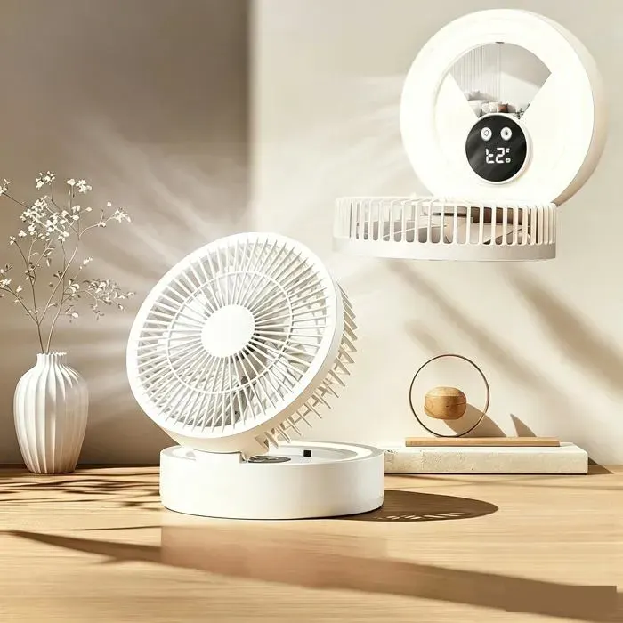 Ventilateur de table portable avec veilleuse LED rechargeable 5 vitesses adapté au bureau et à la chambreavec fonction minuterie