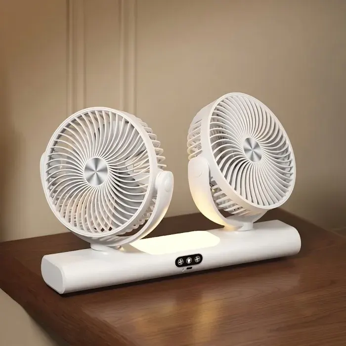 Ventilateur de table rechargeable - QUBEBU - Double tête - Veilleuse dimmable - Batterie 3000 mAh USB‑C - Rotation 360° — coloris Blanche