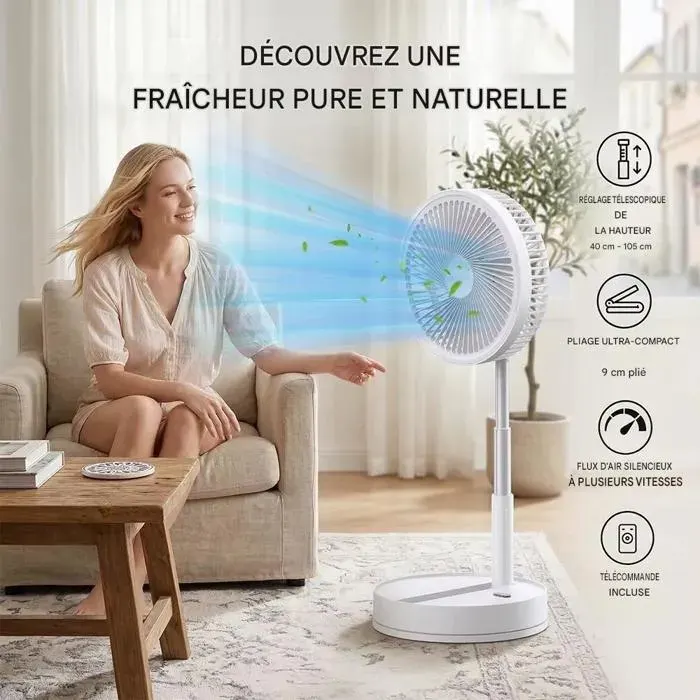 Ventilateur de Table Rechargeable USB Blanc 22 cm/9 Pouces Pliable Télescopique Batterie 8000mAh 4 Vitesses Oscillant Télécommande