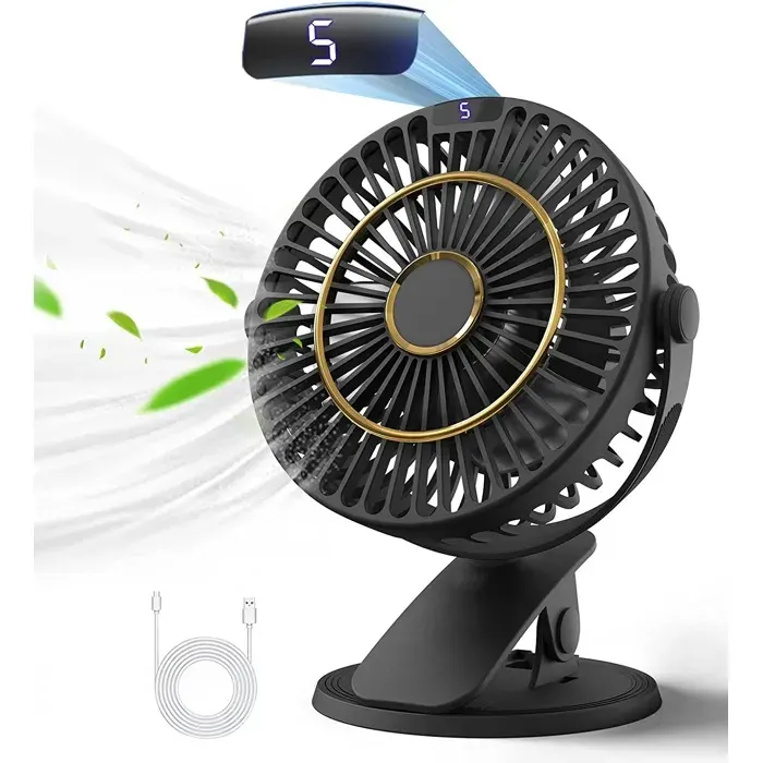 Ventilateur de Table RechargeableMini Ventilateur USB avec Écran LCD5 VitessesRotation 720° avec Câble de 1.2 m - Noir