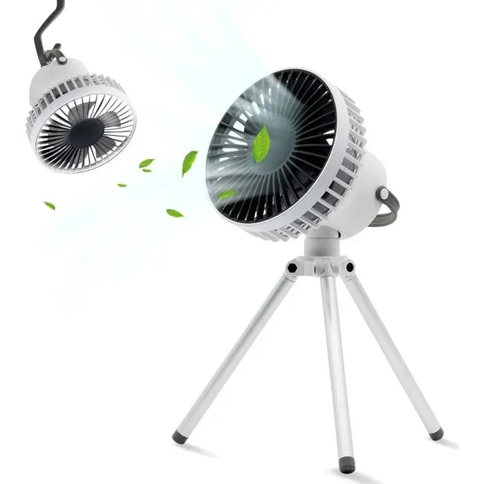 Ventilateur de table USB 2000 mAh avec LED et trépied 3 vitesses silencieux pour tente et bureau