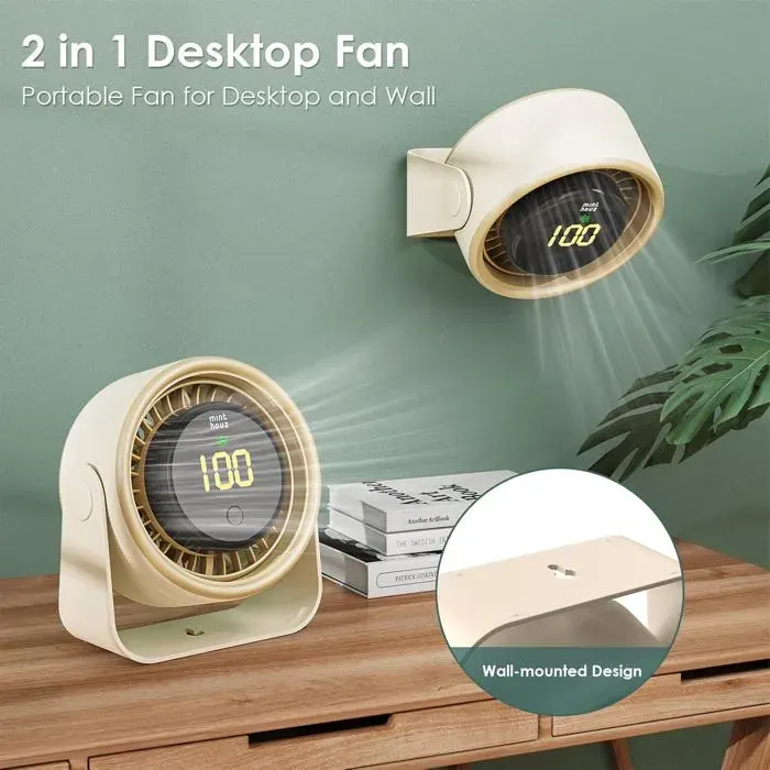 Ventilateur de table USB 3000 mAh avec 5 vitesses de ventilation affichage LED rotation verticale à 90° mini ventilateur portable