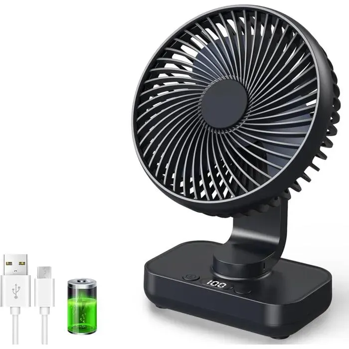 Ventilateur de table USB avec oscillation automatique batterie 4500 mAh rechargeable silencieux 4 vitesses écran numérique