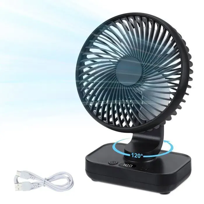 Ventilateur de Table USB Portable Ultra-SilencieuxAuto Oscillant 120°Ventilateur de Bureau Puissant Rechargeable 7000mAh4Vitesses — coloris Noir