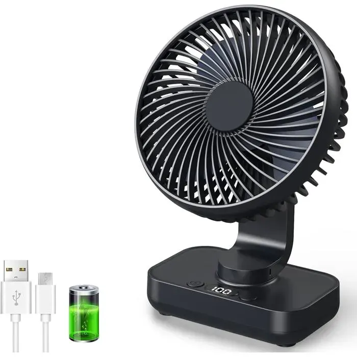 Ventilateur de Table USB Silencieux Oscillation Auto 4500mAh 4 Vitesses Écran LED Portable Noir
