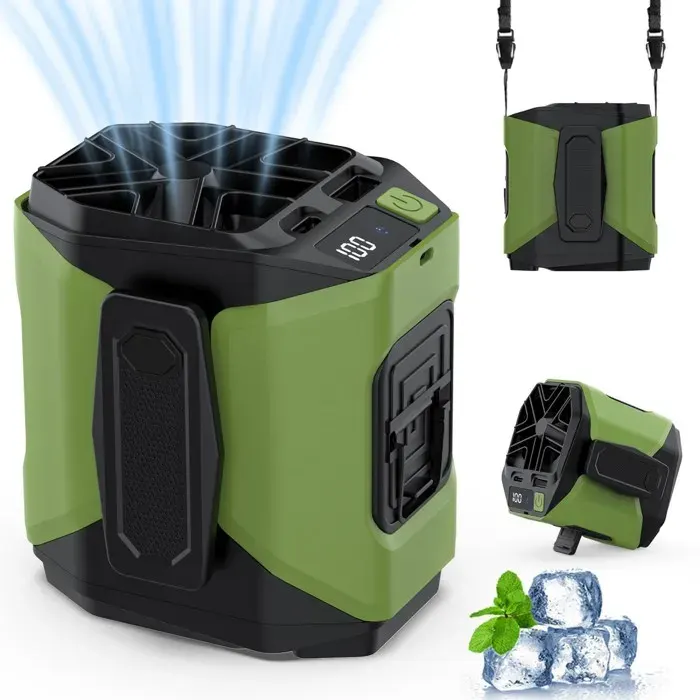 Ventilateur de taille portable avec lumière 5 vitesses batterie 4000 mAh rechargeable pour extérieur randonnée équitation vert