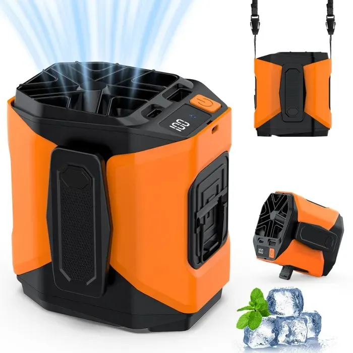 Ventilateur de taille portable avec lumière 5 vitesses batterie 4000 mAh rechargeable pour extérieur randonnée équitationorange