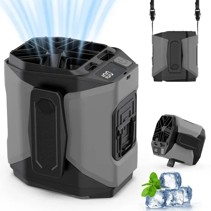 Ventilateur de taille portable avec lumière 5 vitesses batterie 4000 mAh rechargeable pour extérieur randonnée équitation gris