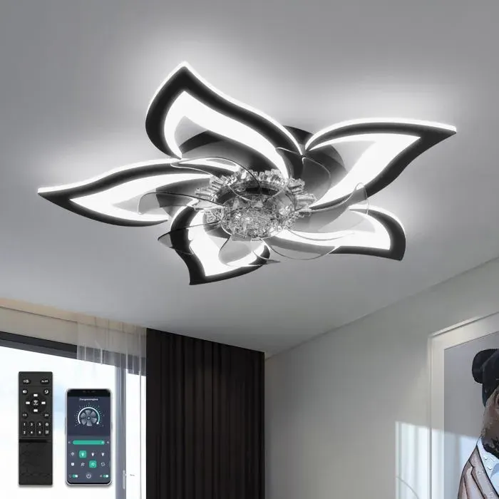 Ventilateur Design Silencieux Reversible Lampe Ventilateur Plafond 50W Telecommande Dimmable 6 Vitesses DC Motor Ventilateur