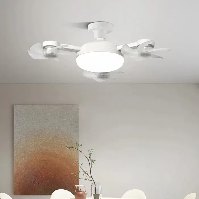 Ventilateur Drone 2-en-1 avec télécommande ampoule LED 50W E27 3 modes de couleur et 3 vitesses grand débit dair angle — coloris Blanc