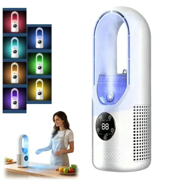 Ventilateur Électrique Sans Pales - 7 couleurs LED Portable - 6 vitesses rechargeable flux doux - Intérieur bureau voyage - Blanc