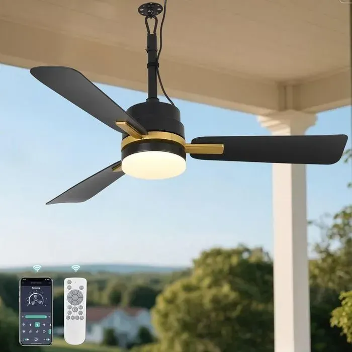 Ventilateur extérieur avec éclairage LED 105cm télécommande suspension crochet idéal terrasse jardin gazeboNoir et or