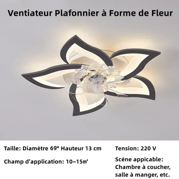 Ventilateur Lampe Plafonnier de Luxe - Noir - Télécommande + APP - 50W - Fer et Acrylique