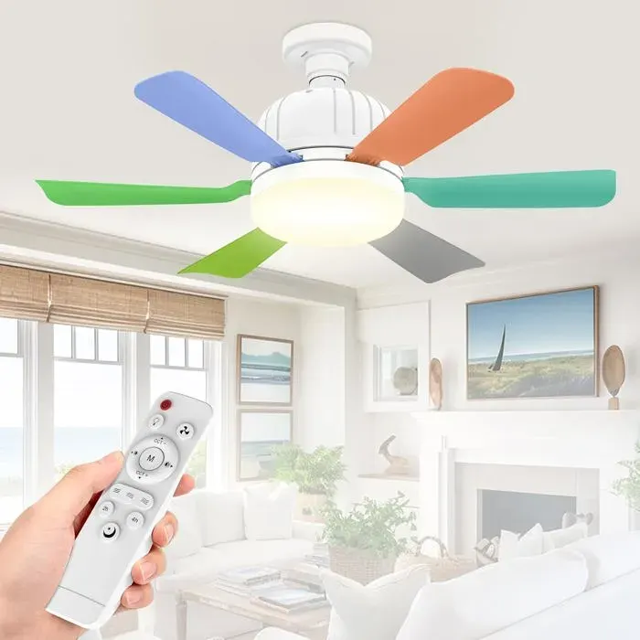 Ventilateur LED E27 6 pales amovibles 460x165mm 40W multicolore télécommande chambre salle à manger